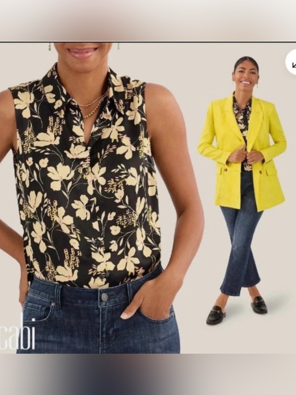 CAbi Black and Yellow Floral Sleeveless Button Front Camisole ptp 20 length 27